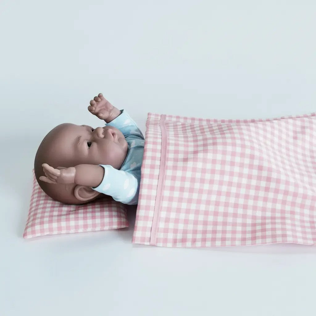 Sábana y almohada para muñecas – Vichy rosa y blanco