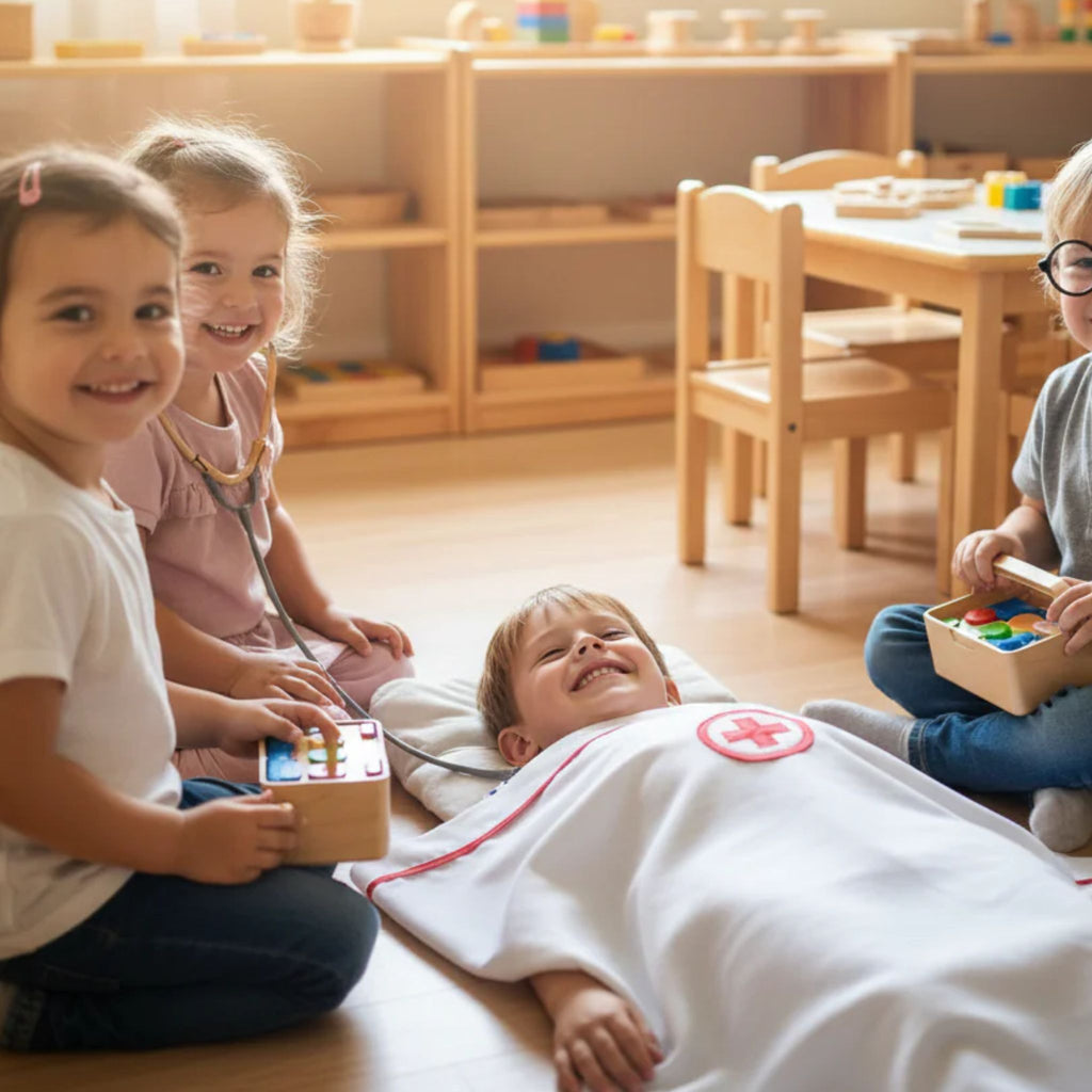 Sábana infantil blanca con cruz roja para juego simbólico de médicos