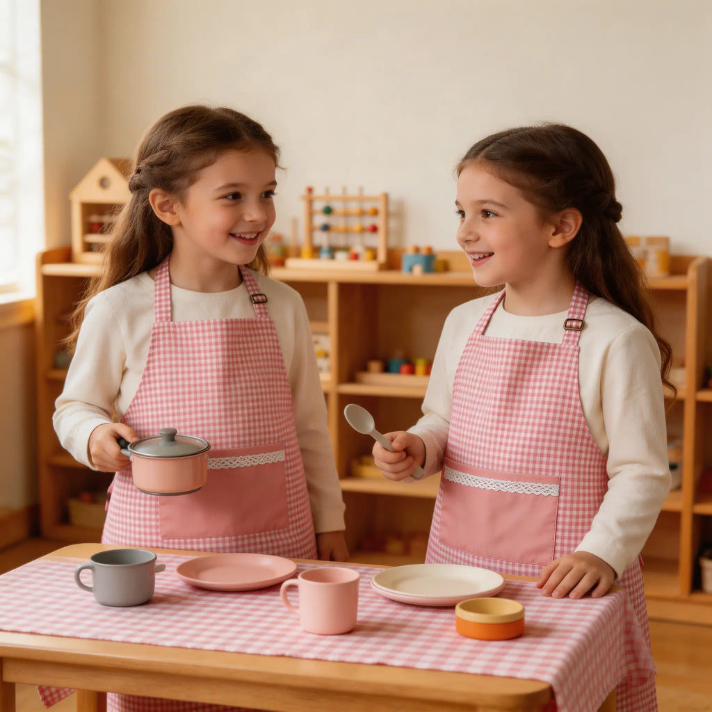 Delantal infantil de tela para cocinita y juego simbólico – Cuadro rosa