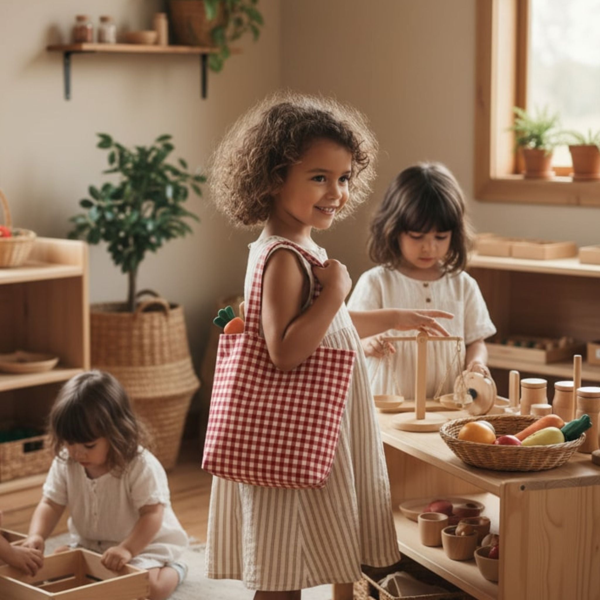 Bolso de Tela Infantil – Juego Simbólico Vichy Rojo y Blanco