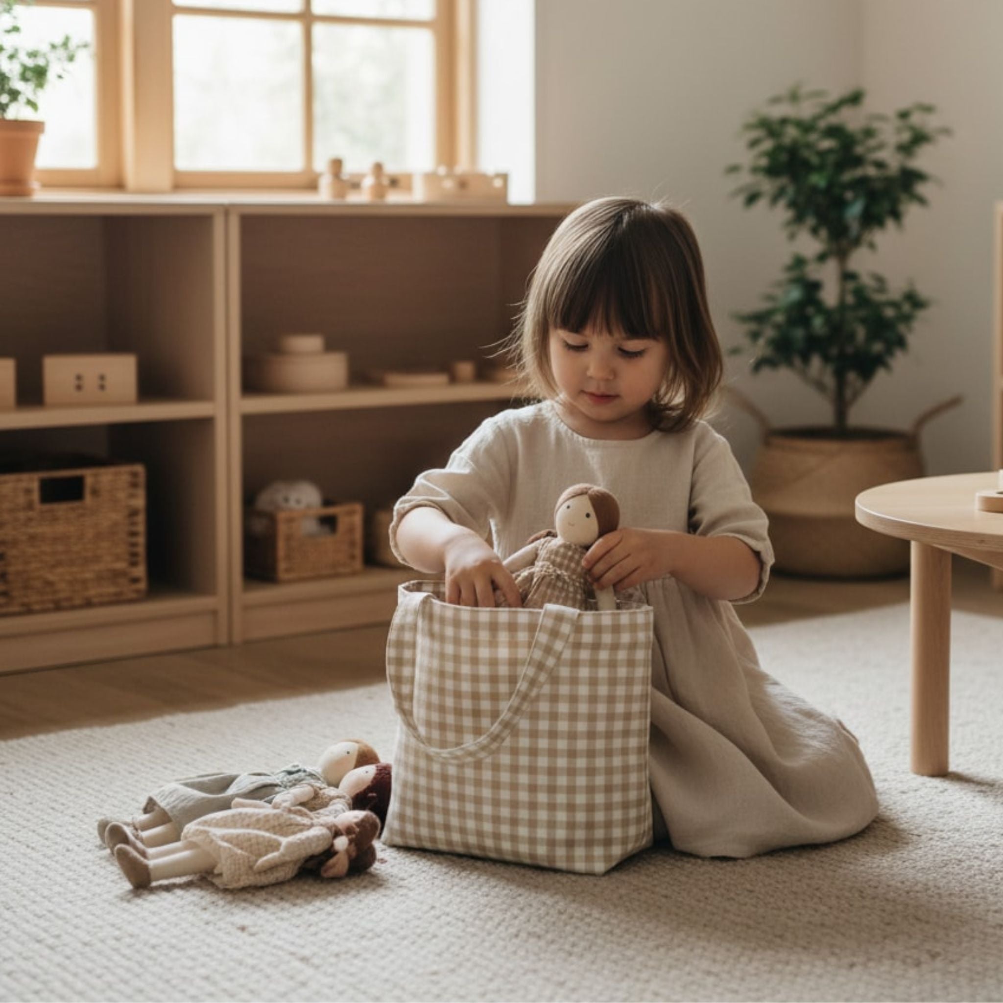 Bolso de tela infantil para juego simbólico - Cuadros vichy beige