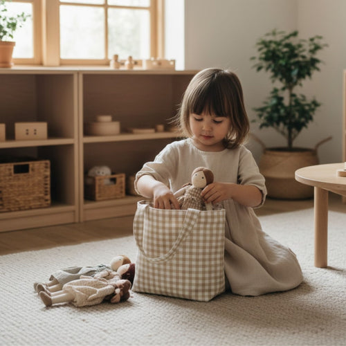 Bolso de tela infantil para juego simbólico - Cuadros vichy beige
