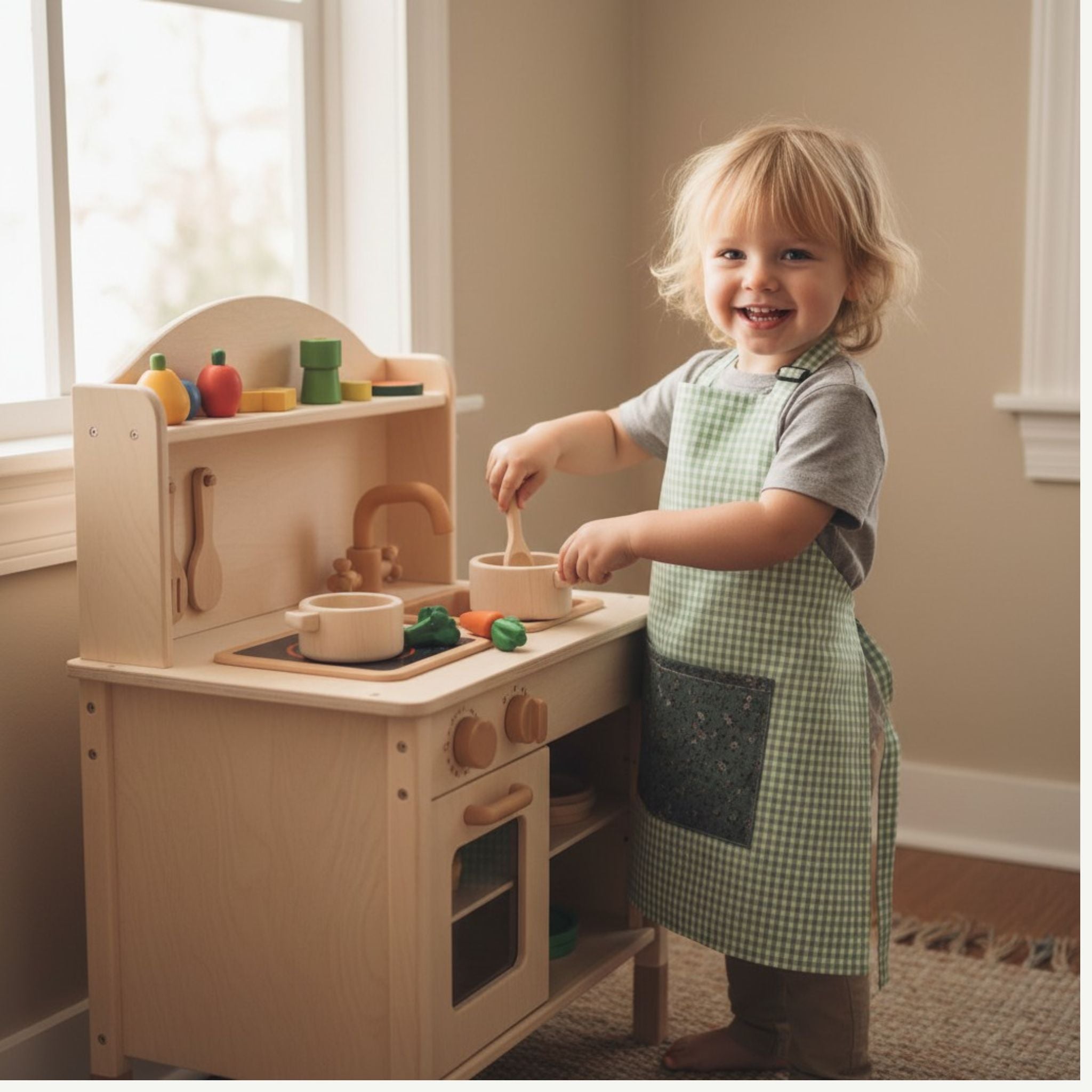 Delantal infantil de tela de cuadros verdes con bolsillo floral para juego simbólico