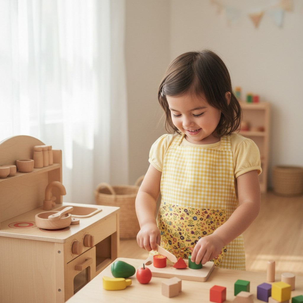 Davantal infantil de tela de quadres verds amb butxaca floral per a joc simbòlic
