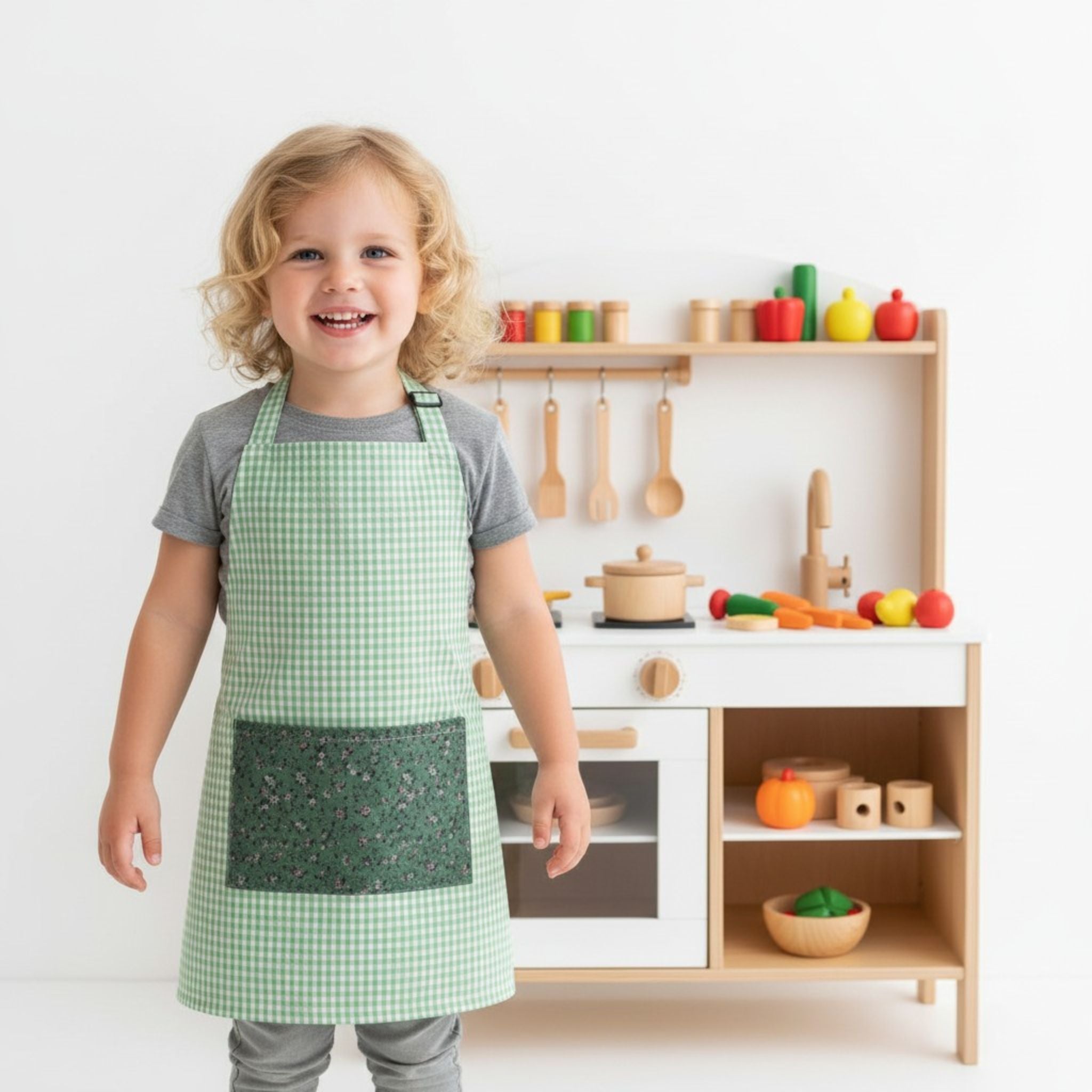 Delantal infantil de tela de cuadros verdes con bolsillo floral para juego simbólico