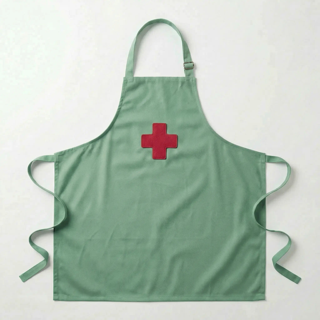 Delantal médico infantil blanco con cruz roja bordada en la parte frontal, confeccionado en tela de alta calidad para juego de doctor.