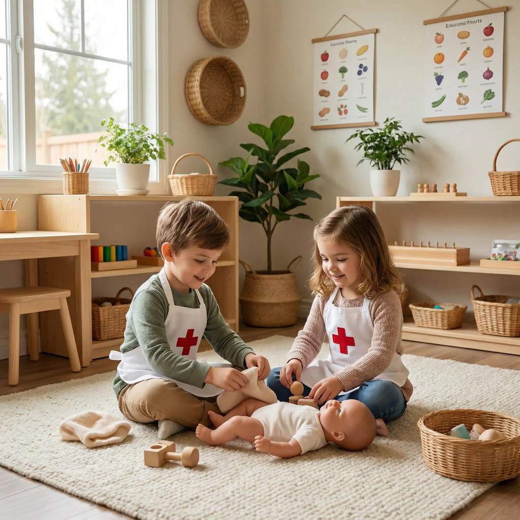 Niño usando delantal médico infantil blanco con cruz roja durante juego simbólico de doctor.
