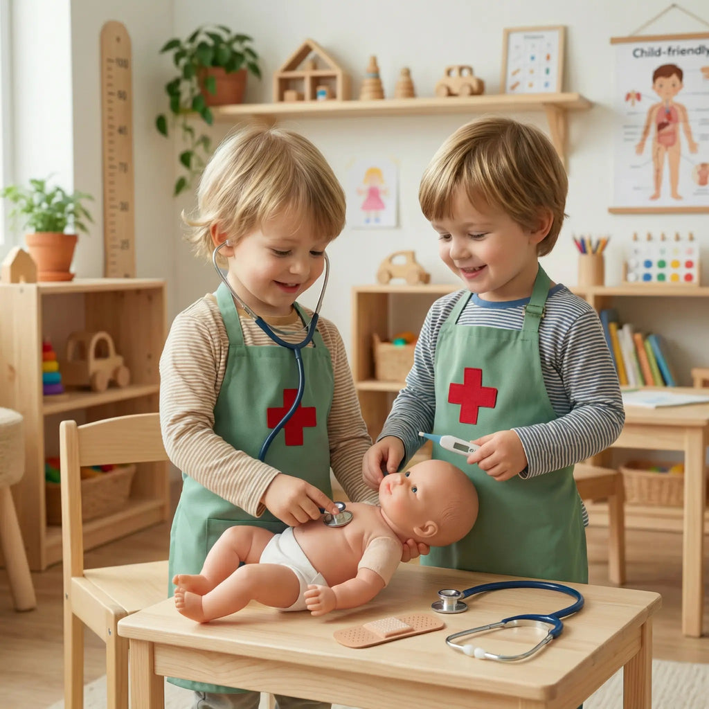 Delantal médico infantil blanco con cruz roja bordada en la parte frontal, confeccionado en tela de alta calidad para juego de doctor.