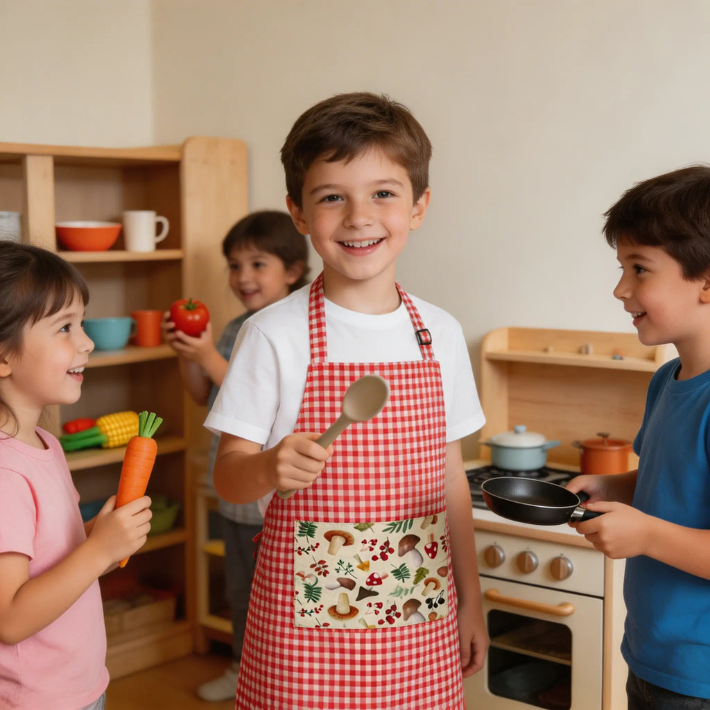 Delantal infantil de tela con cuadros para juego simbólico