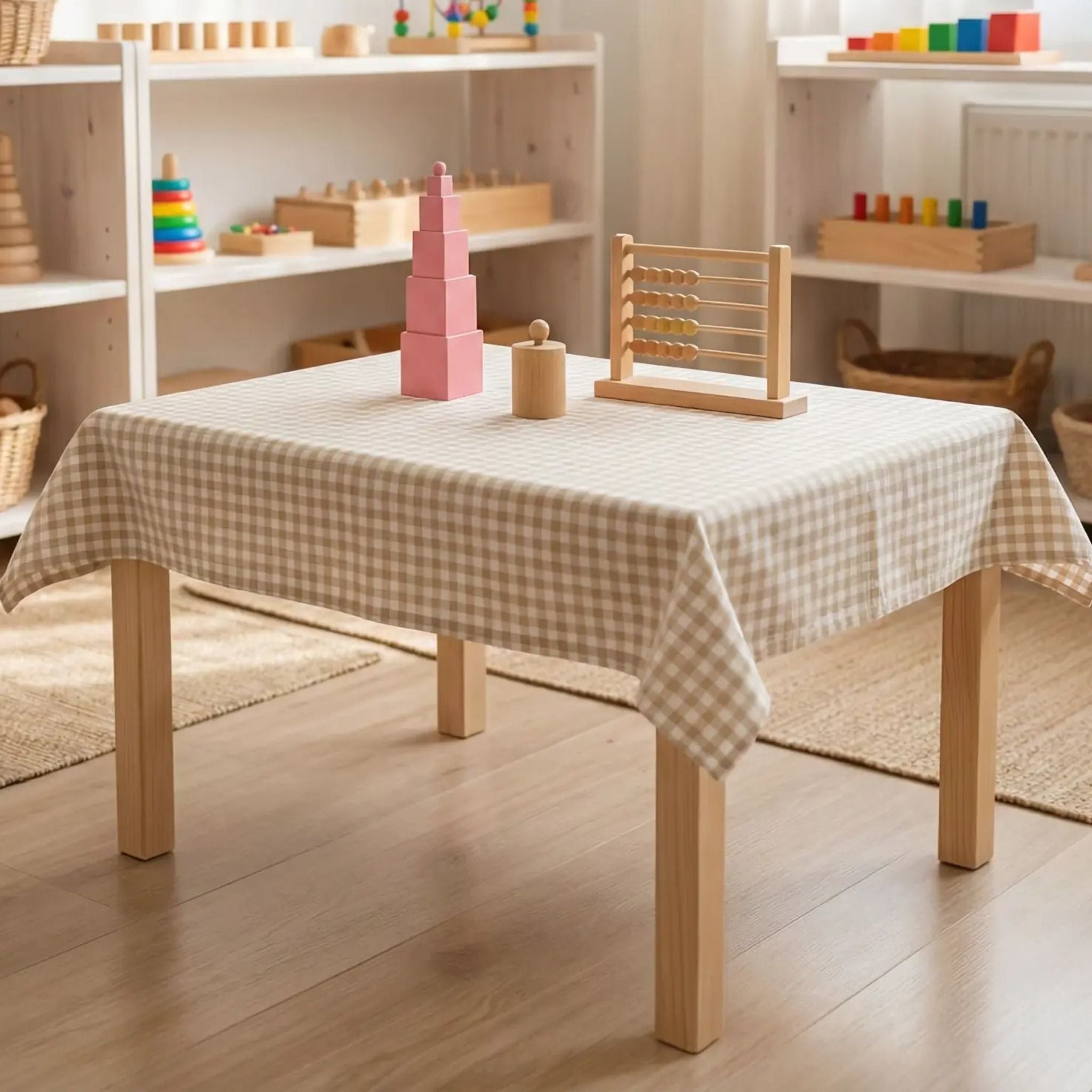 Mantel infantil de tela color arena para juego educativo y actividades creativas.