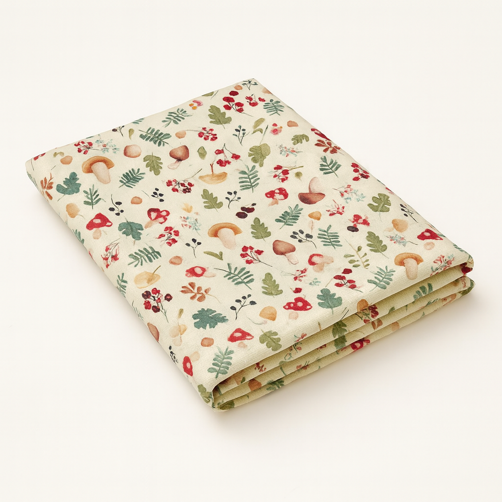 Mantel infantil de tela con estampado de setas y motivos naturales para mesa