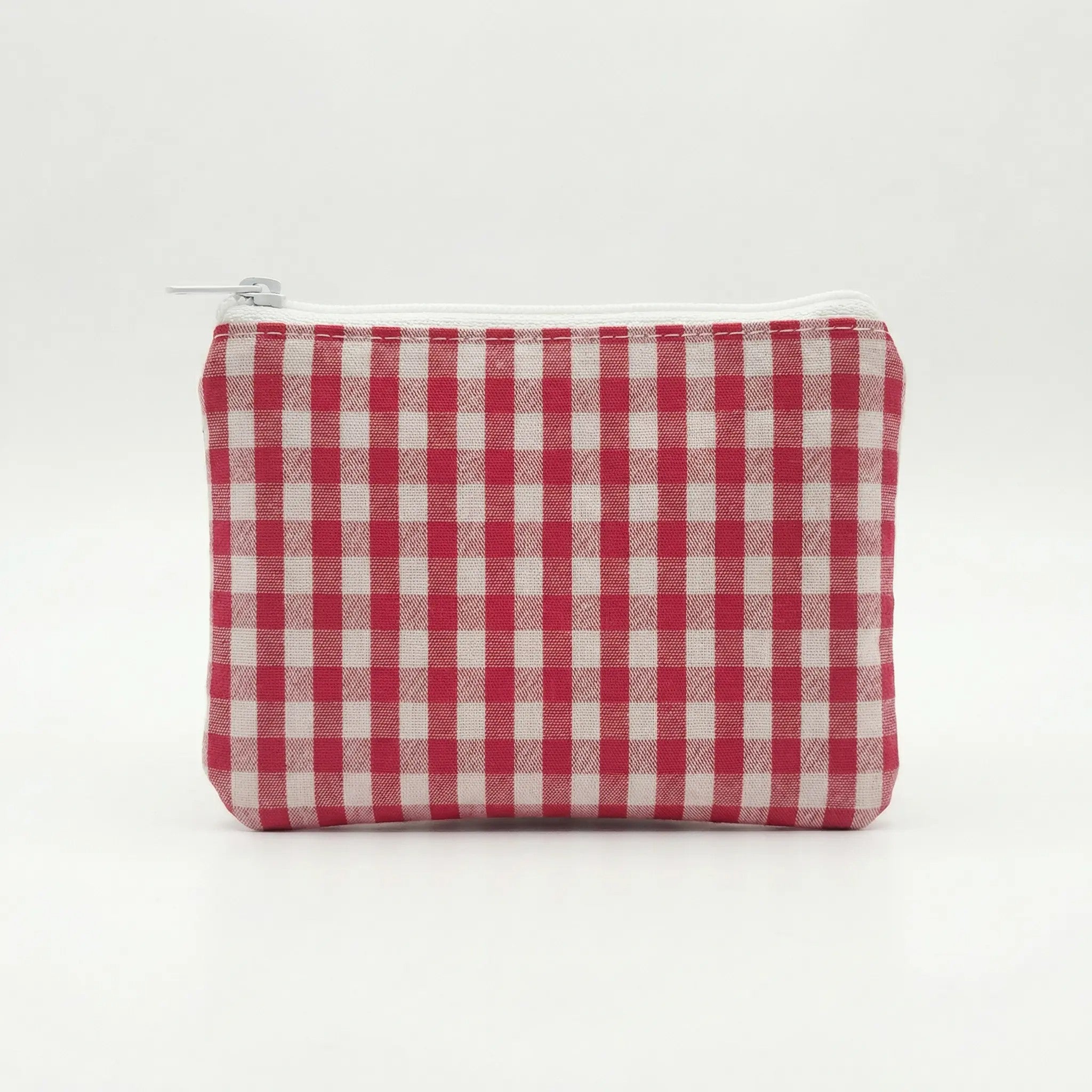 Monedero infantil de tela con cuadros rojos y blancos y cremallera